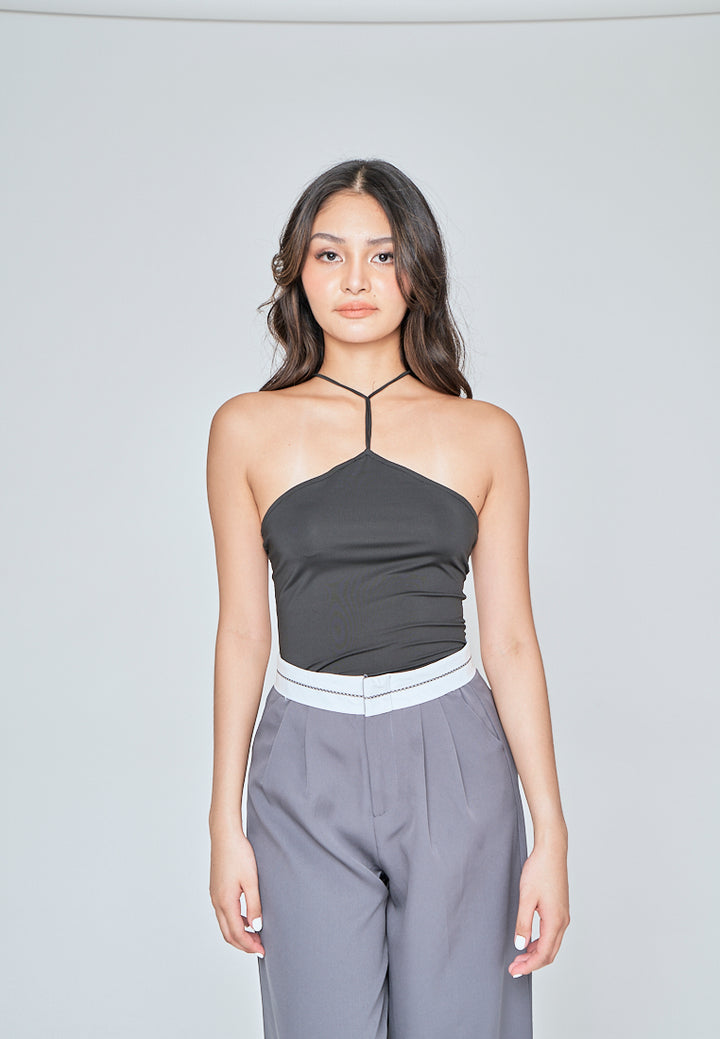 Ashby Black Sleeveless Halter Strap Open Back Bodysuit
