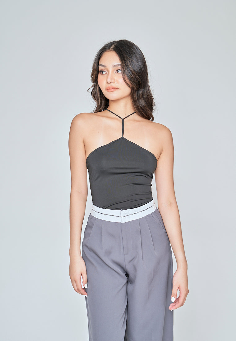 Ashby Black Sleeveless Halter Strap Open Back Bodysuit