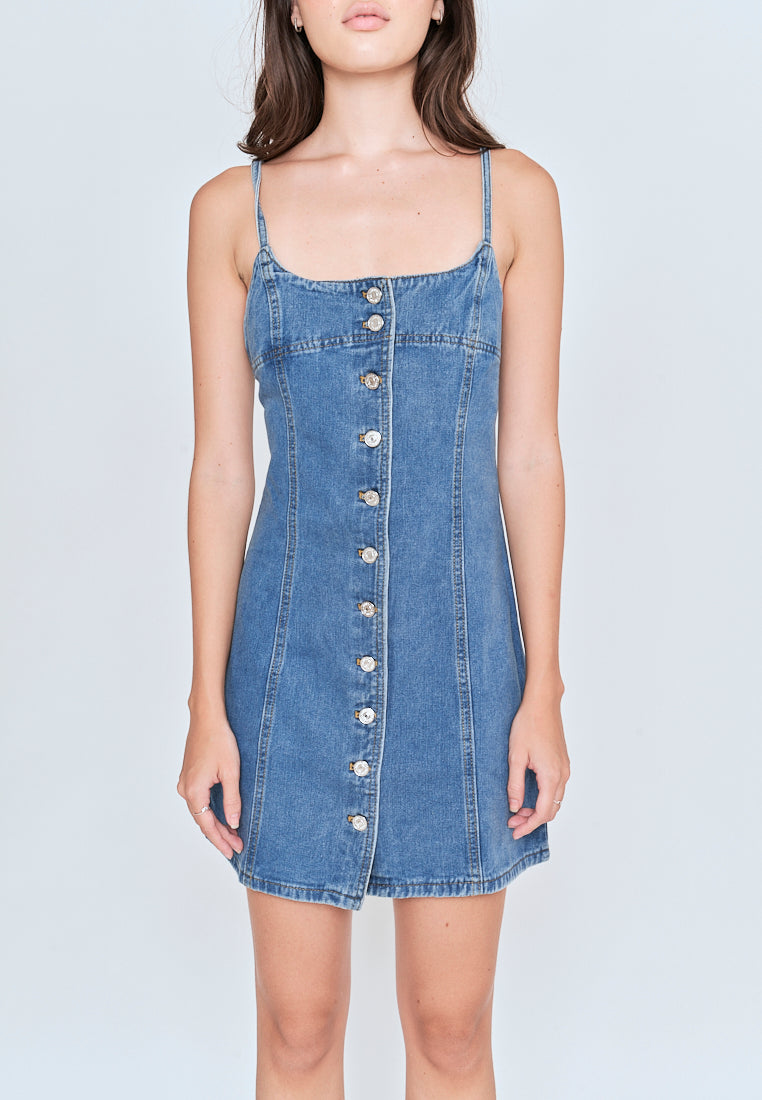 Kassidy Blue Denim Sleeveless Button Down Mini Dress