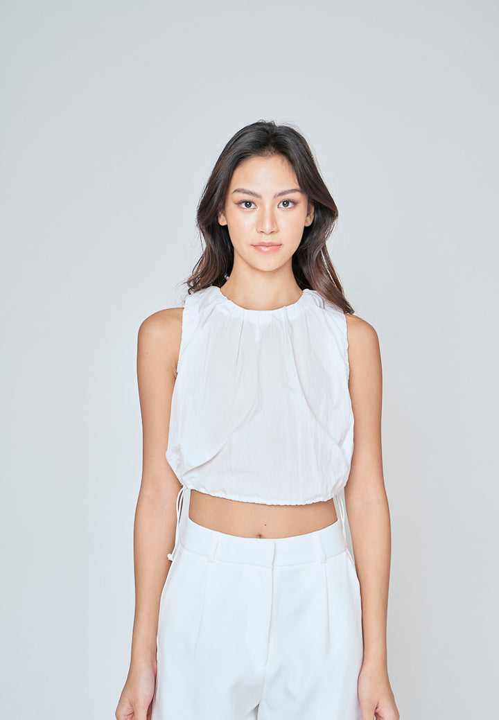 Alette White Round Neck Sleeveless Adjustable Waist Top