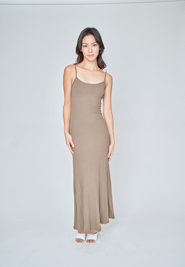 Cianne Sage Green Knitted Basic Scoop Neck Sleeveless Thin Strap Maxi Dress