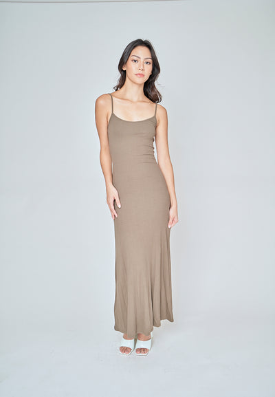 Cianne Sage Green Knitted Basic Scoop Neck Sleeveless Thin Strap Maxi Dress