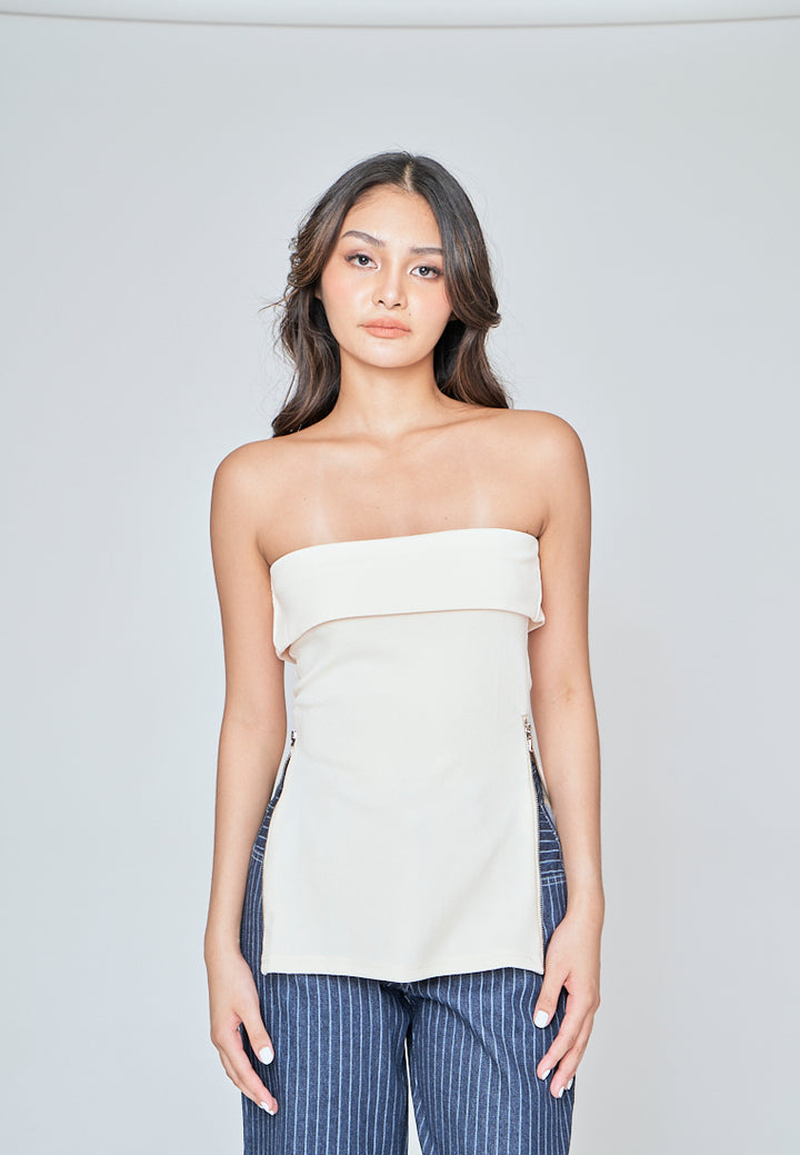 Zain Beige Folded Neckline Side Zippers Tube Top
