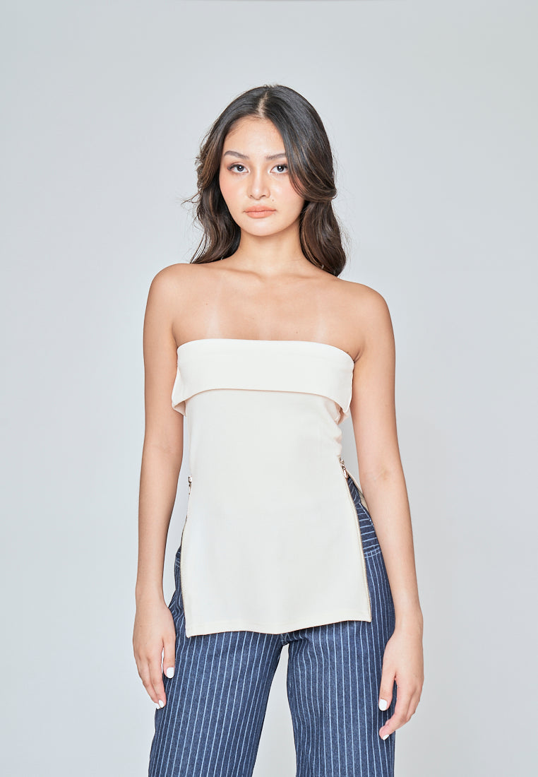 Zain Beige Folded Neckline Side Zippers Tube Top
