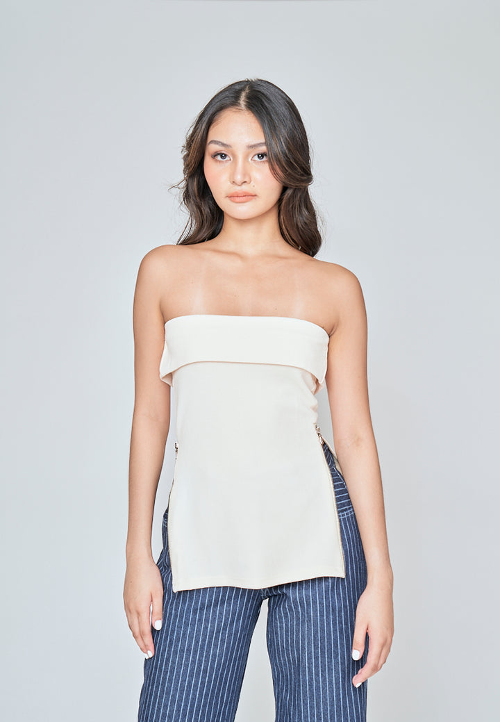 Zain Beige Folded Neckline Side Zippers Tube Top