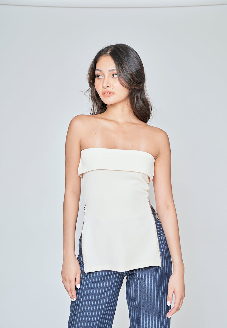 Zain Beige Folded Neckline Side Zippers Tube Top