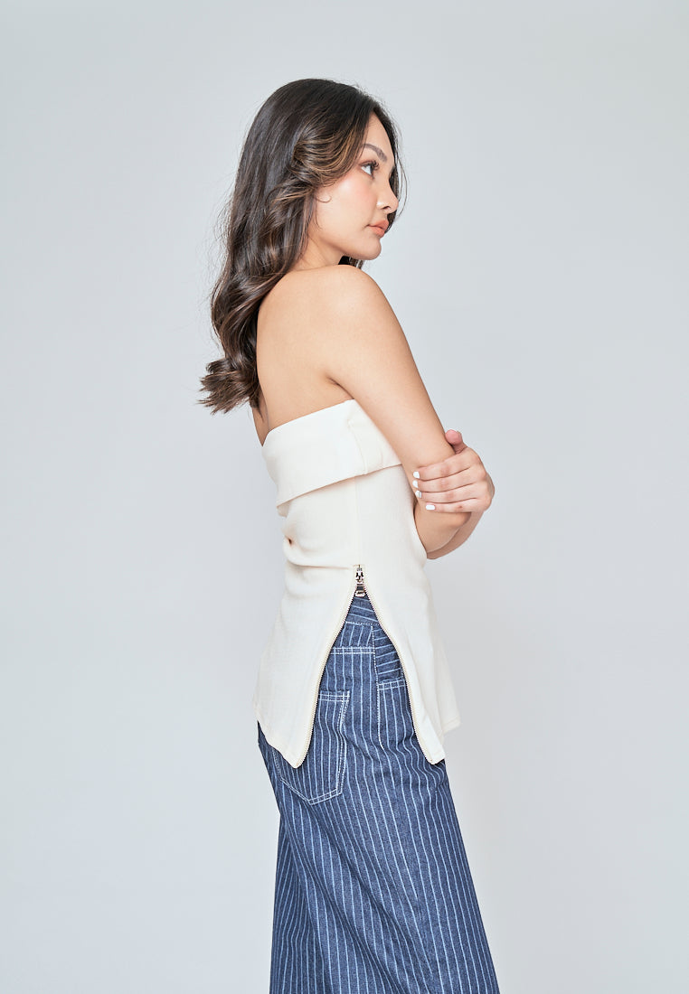 Zain Beige Folded Neckline Side Zippers Tube Top
