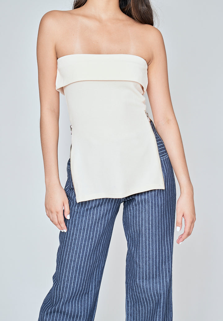 Zain Beige Folded Neckline Side Zippers Tube Top