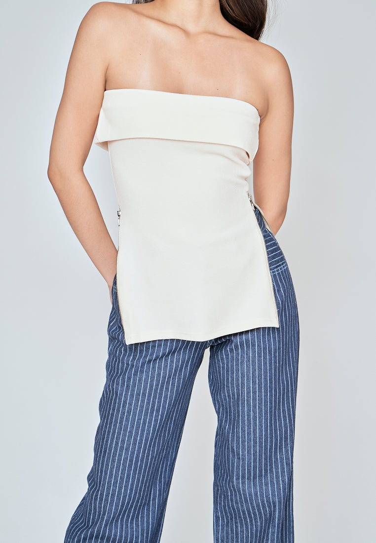 Zain Beige Folded Neckline Side Zippers Tube Top