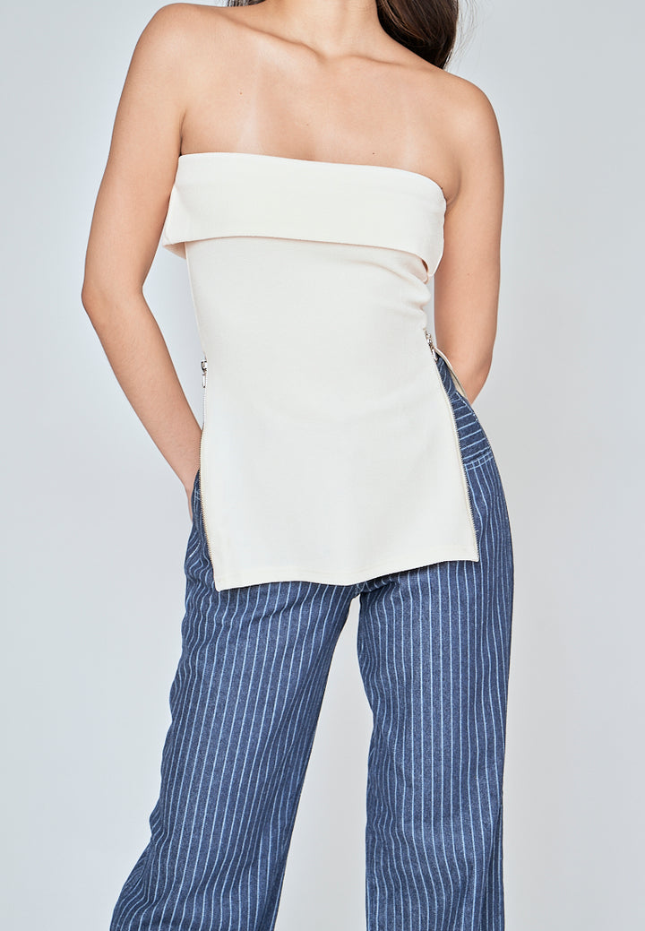 Zain Beige Folded Neckline Side Zippers Tube Top