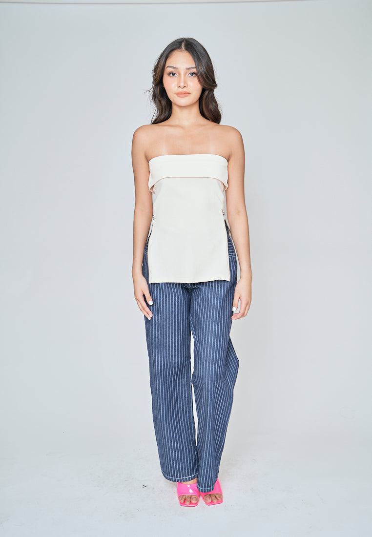 Zain Beige Folded Neckline Side Zippers Tube Top
