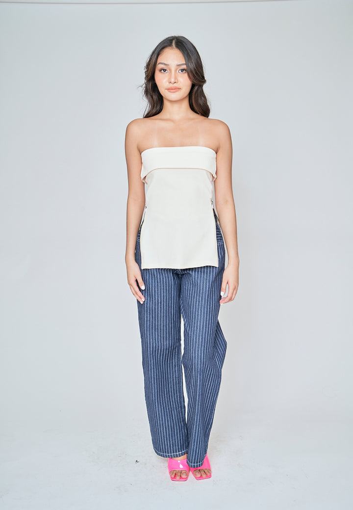 Zain Beige Folded Neckline Side Zippers Tube Top