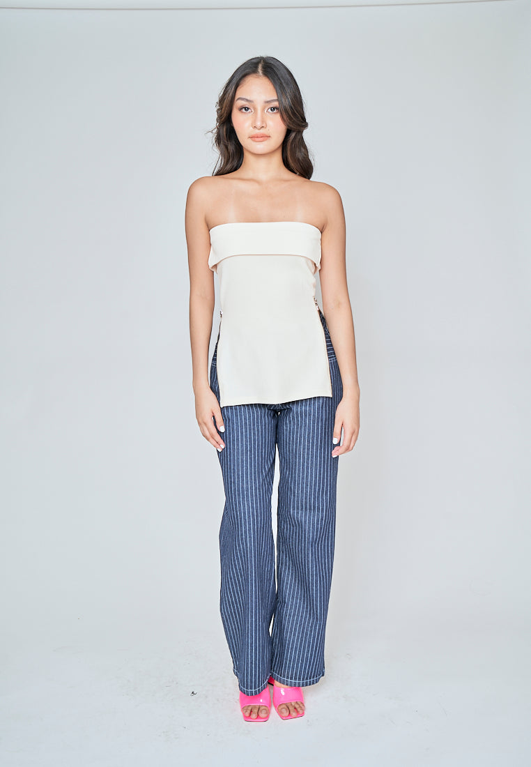 Zain Beige Folded Neckline Side Zippers Tube Top