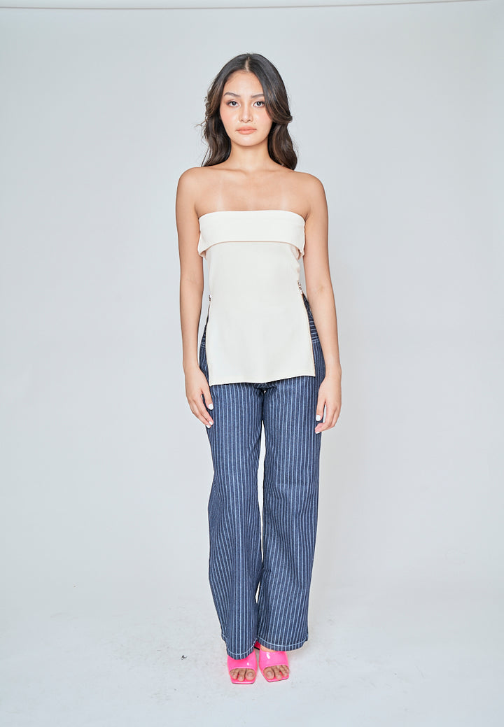 Zain Beige Folded Neckline Side Zippers Tube Top