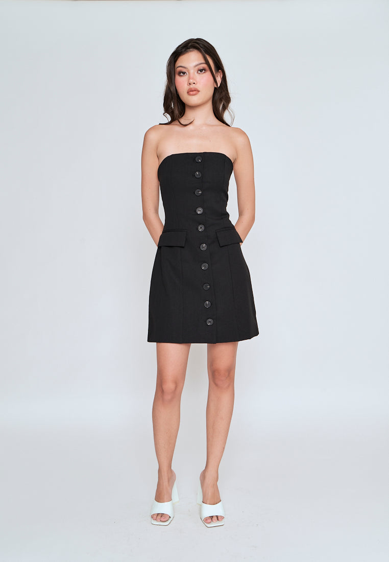 Aedel Black Button Down Tube Mini Dress with Pockets
