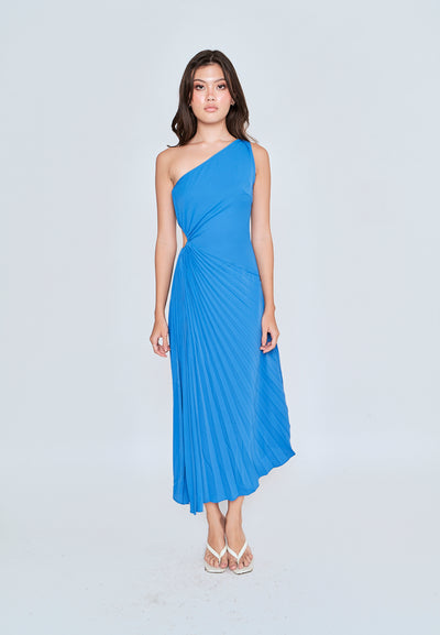 Crissane Blue Assymetrical Neckline Pleated Flare Sleeveless Midi Dress