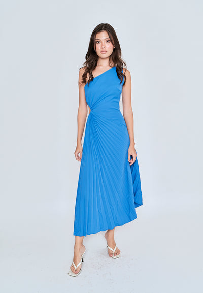 Crissane Blue Assymetrical Neckline Pleated Flare Sleeveless Midi Dress