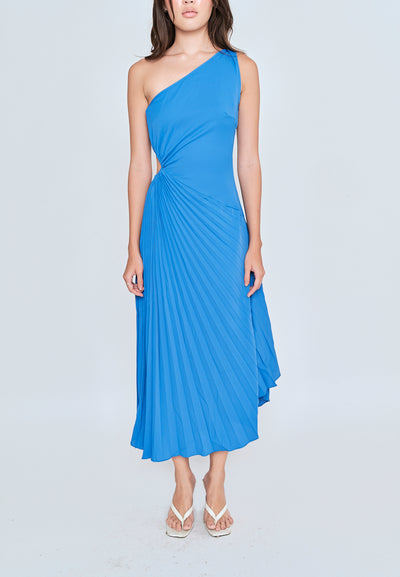 Crissane Blue Assymetrical Neckline Pleated Flare Sleeveless Midi Dress