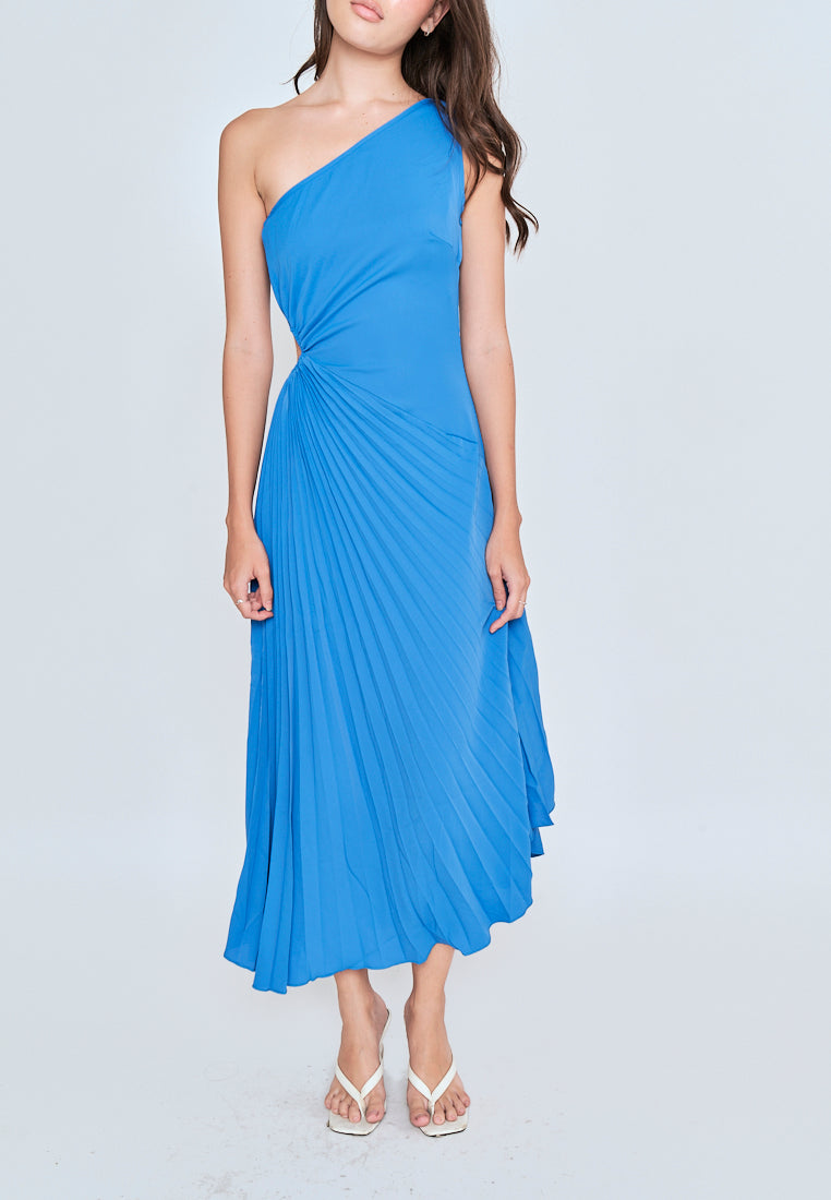 Crissane Blue Assymetrical Neckline Pleated Flare Sleeveless Midi Dress