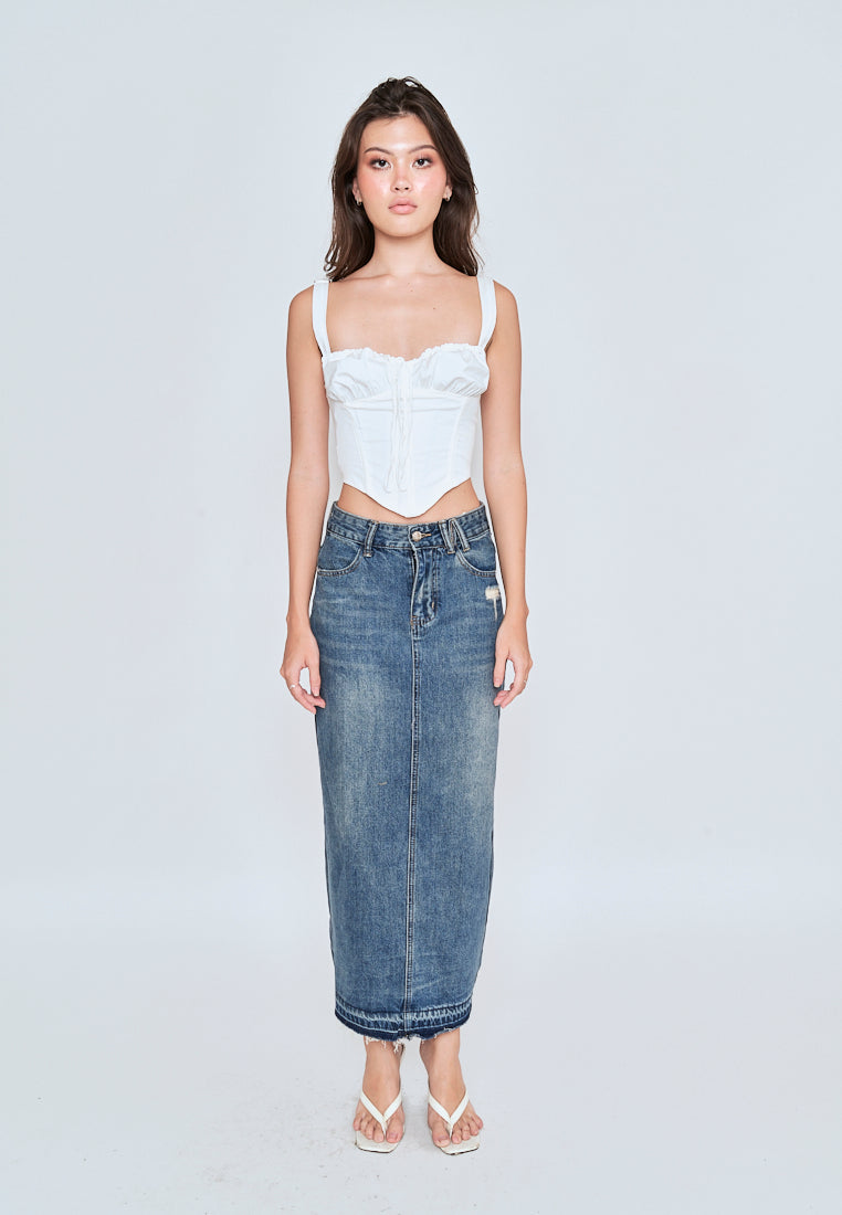 Matty Acid Blue Denim Zipper Fly Side Pockets Midi Skirt