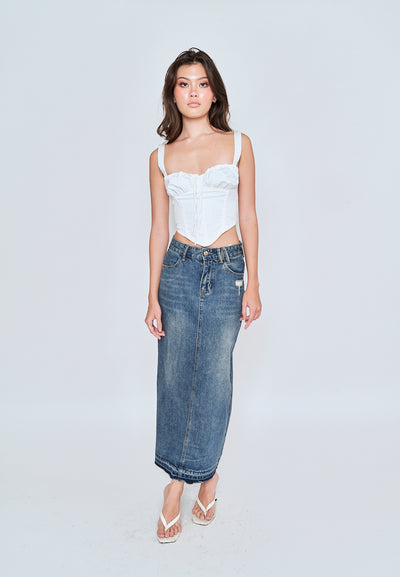 Matty Acid Blue Denim Zipper Fly Side Pockets Midi Skirt