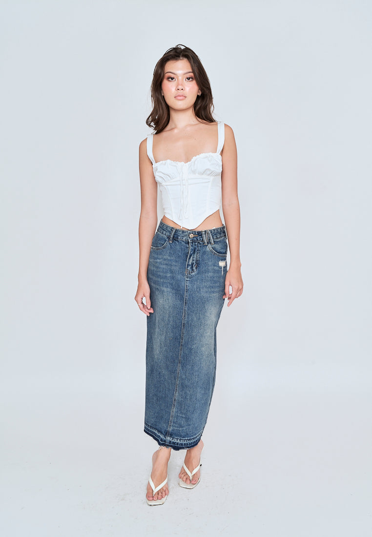 Matty Acid Blue Denim Zipper Fly Side Pockets Midi Skirt