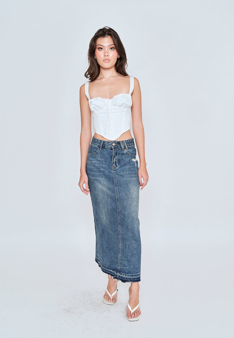 Matty Acid Blue Denim Zipper Fly Side Pockets Midi Skirt