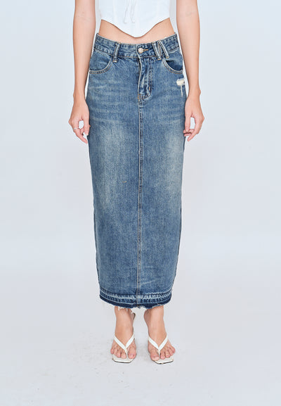 Matty Acid Blue Denim Zipper Fly Side Pockets Midi Skirt
