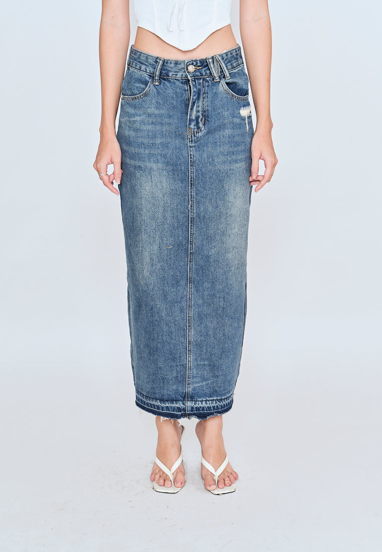 Matty Acid Blue Denim Zipper Fly Side Pockets Midi Skirt