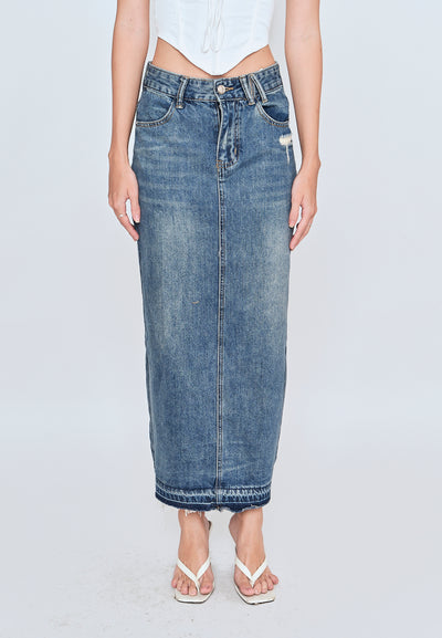 Matty Acid Blue Denim Zipper Fly Side Pockets Midi Skirt