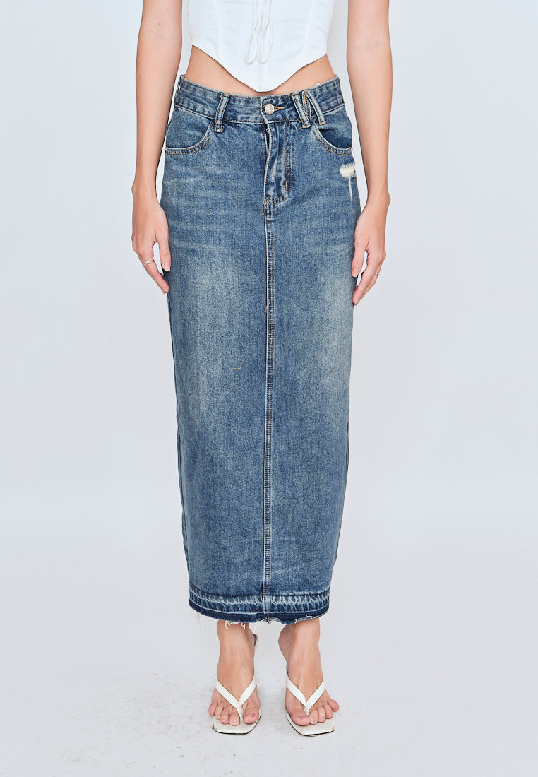 Matty Acid Blue Denim Zipper Fly Side Pockets Midi Skirt