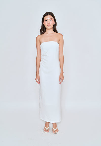 Lyte White Ruched Sides Back Slit Tube Midi Dress