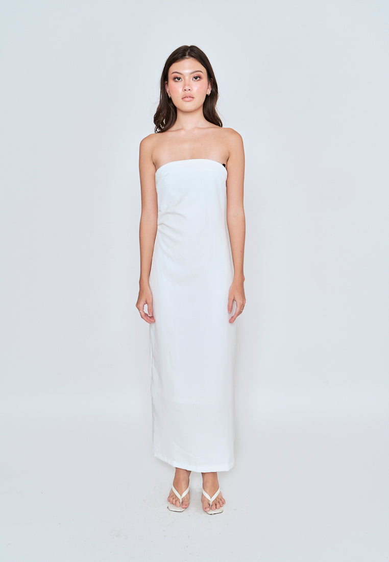 Lyte White Ruched Sides Back Slit Tube Midi Dress