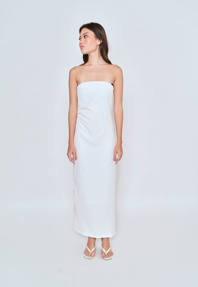 Lyte White Ruched Sides Back Slit Tube Midi Dress