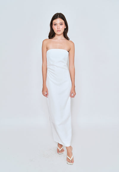 Lyte White Ruched Sides Back Slit Tube Midi Dress