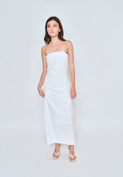 Lyte White Ruched Sides Back Slit Tube Midi Dress