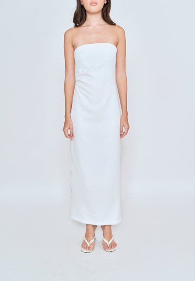 Lyte White Ruched Sides Back Slit Tube Midi Dress