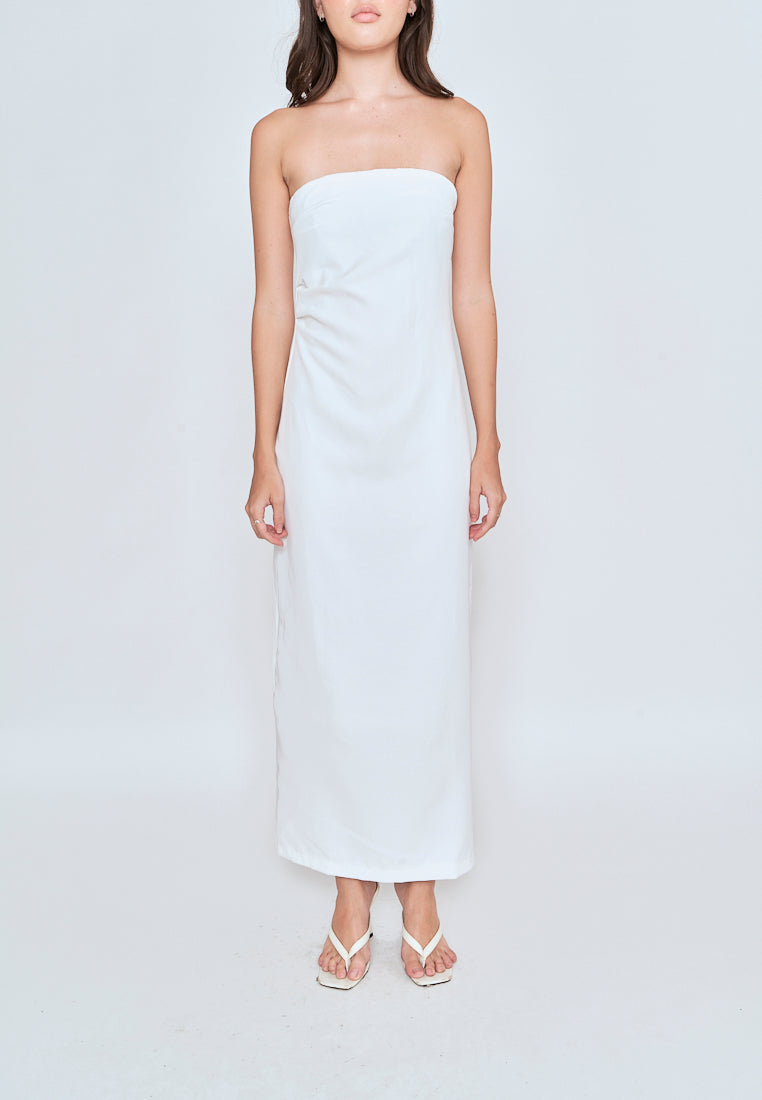 Lyte White Ruched Sides Back Slit Tube Midi Dress