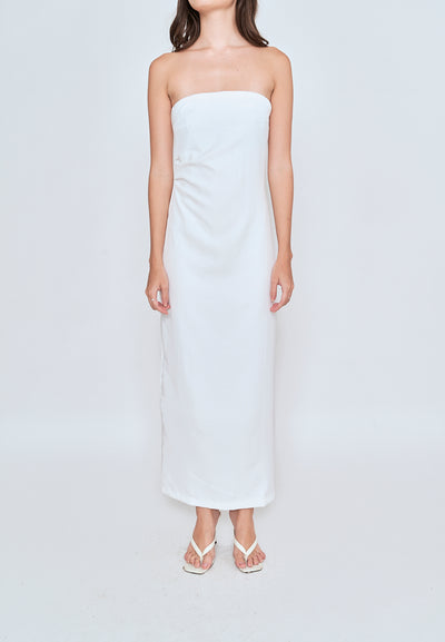Lyte White Ruched Sides Back Slit Tube Midi Dress