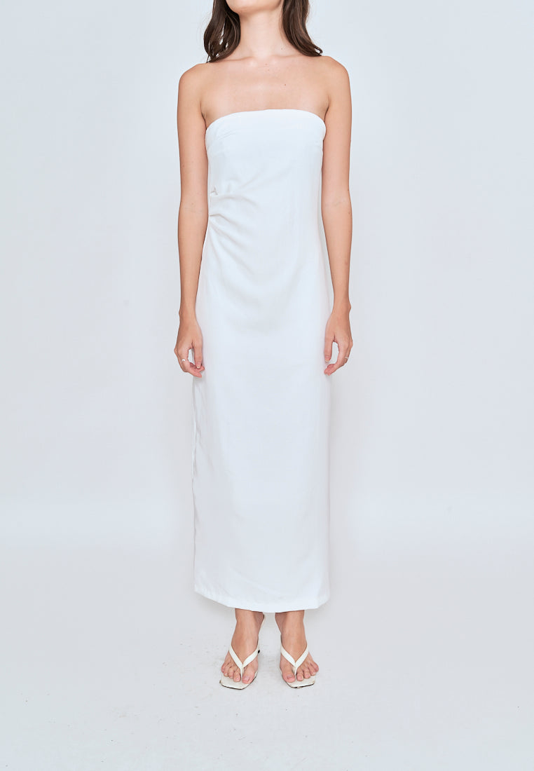 Lyte White Ruched Sides Back Slit Tube Midi Dress