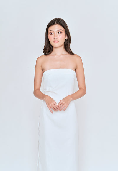 Lyte White Ruched Sides Back Slit Tube Midi Dress