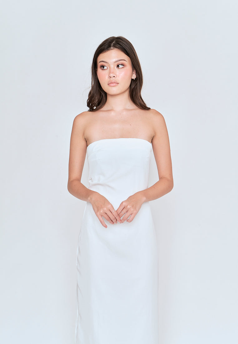 Lyte White Ruched Sides Back Slit Tube Midi Dress