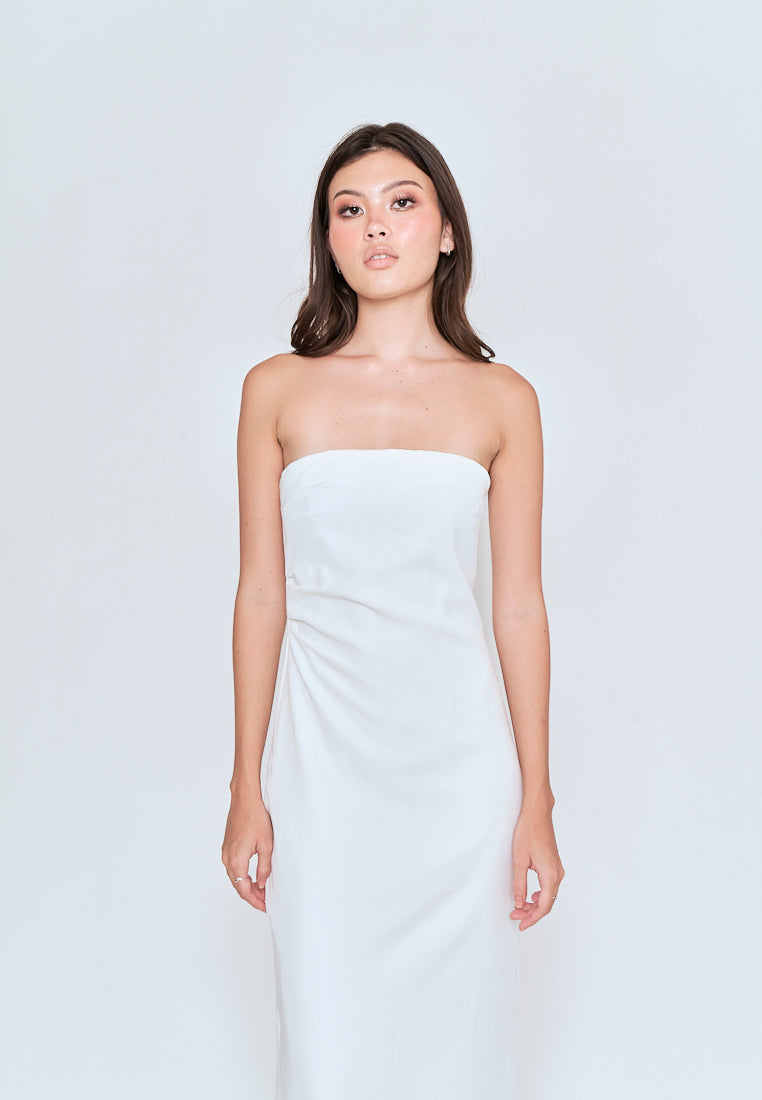 Lyte White Ruched Sides Back Slit Tube Midi Dress