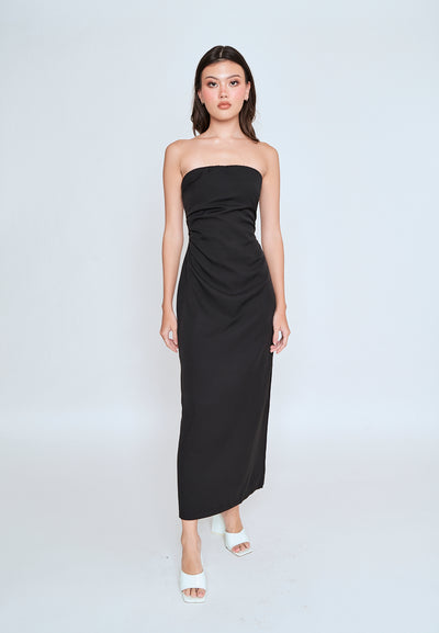 Liora Black Ruched Sides Back Slit Tube Midi Dress