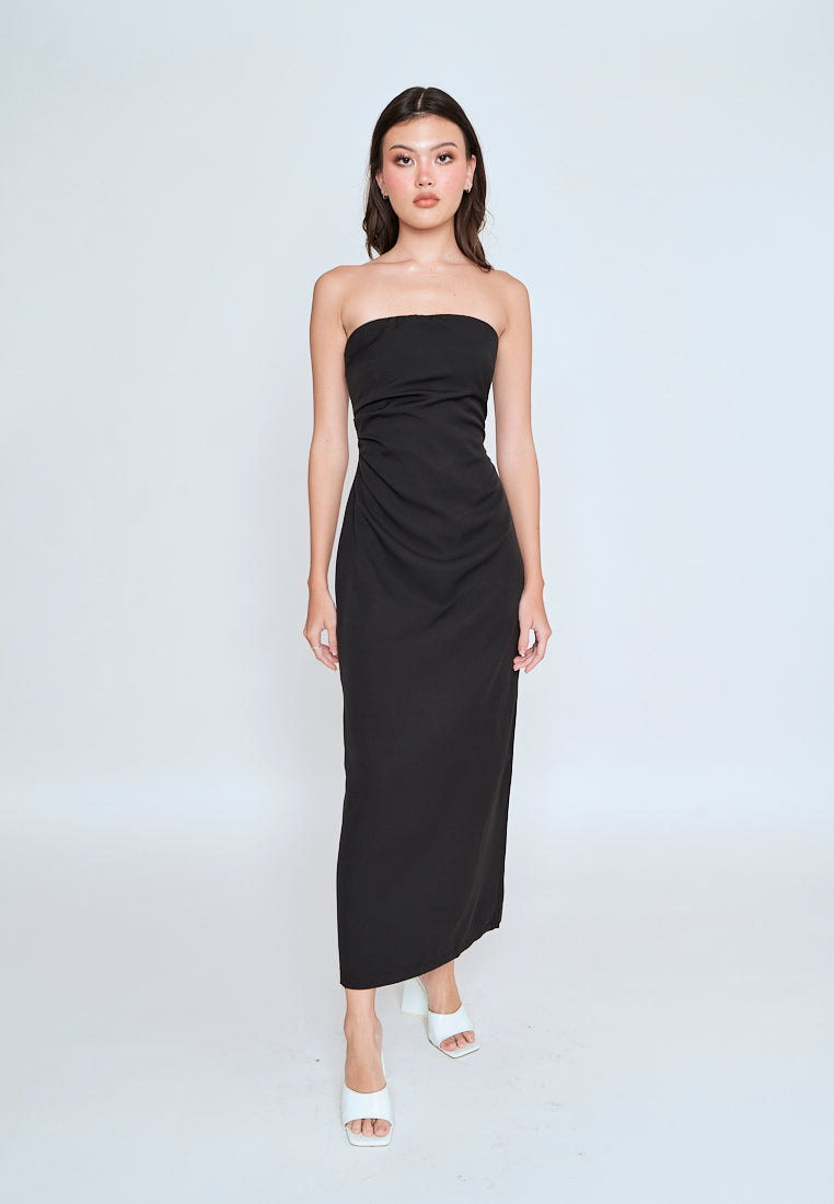 Liora Black Ruched Sides Back Slit Tube Midi Dress