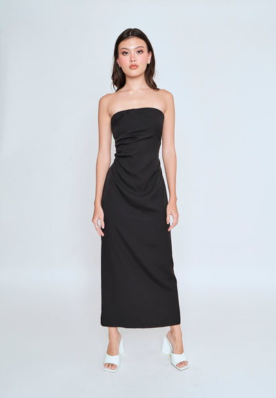 Liora Black Ruched Sides Back Slit Tube Midi Dress