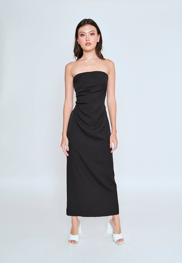 Liora Black Ruched Sides Back Slit Tube Midi Dress