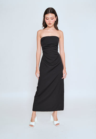 Liora Black Ruched Sides Back Slit Tube Midi Dress