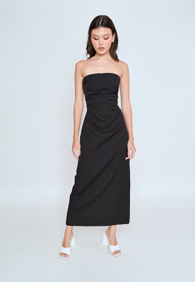 Liora Black Ruched Sides Back Slit Tube Midi Dress