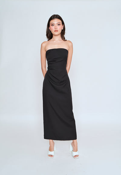 Liora Black Ruched Sides Back Slit Tube Midi Dress